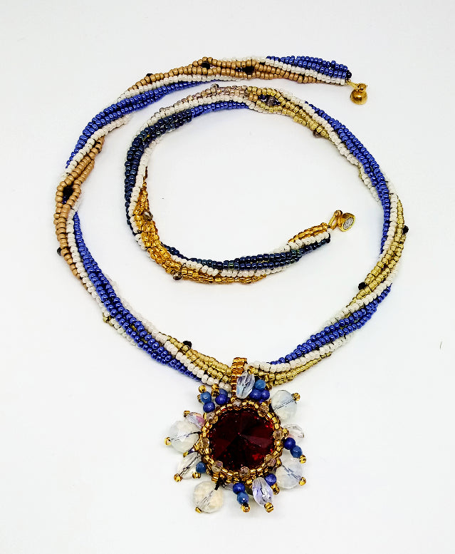 3 Drop Twisted Herringbone Rope Necklace With Crystal Rivoli Bezel Pendant