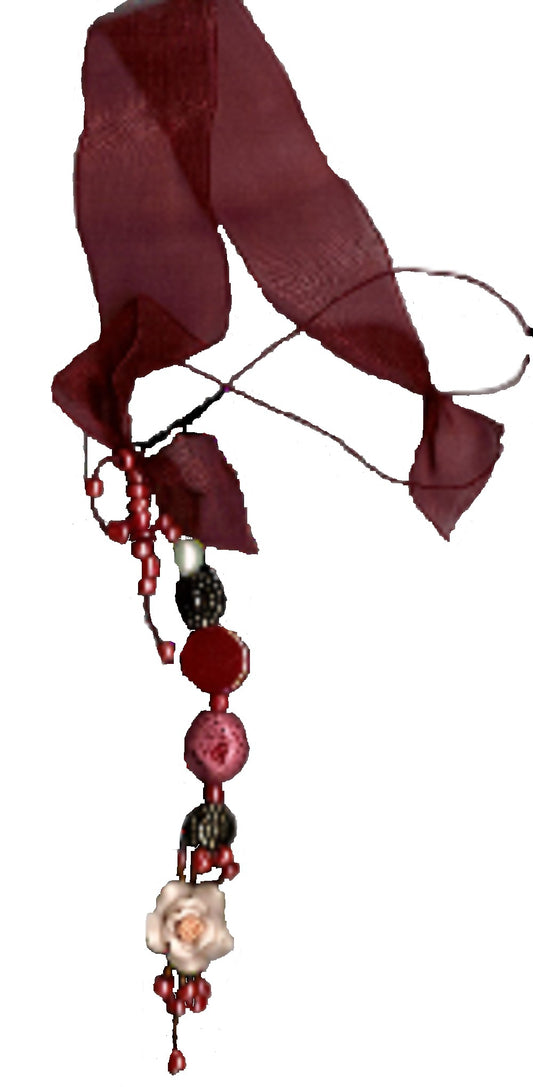 Red & Gold Organza With Looped Bead Clusters Bookmark