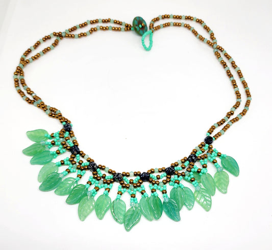 Czech Leaf Falling Fringe Necklace

