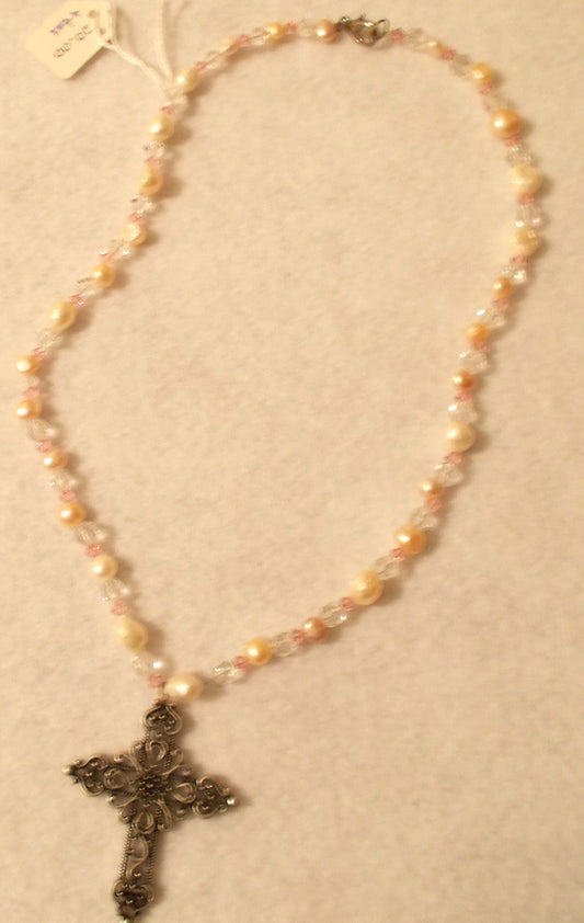 Crystal and Pearl Cross Necklace